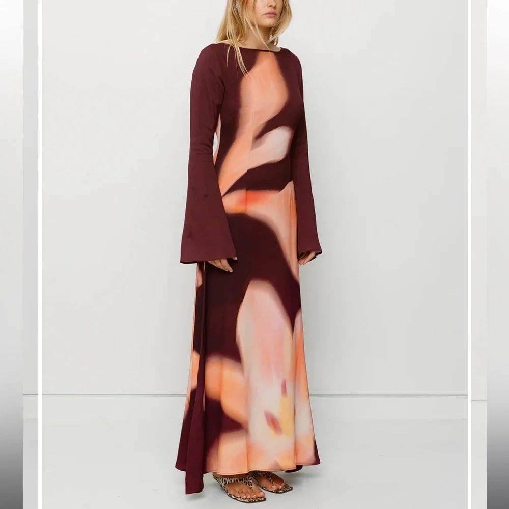 The WOLF GANG Leona Maxi Dress with flare sleeve and florals burgundy dress SZ S